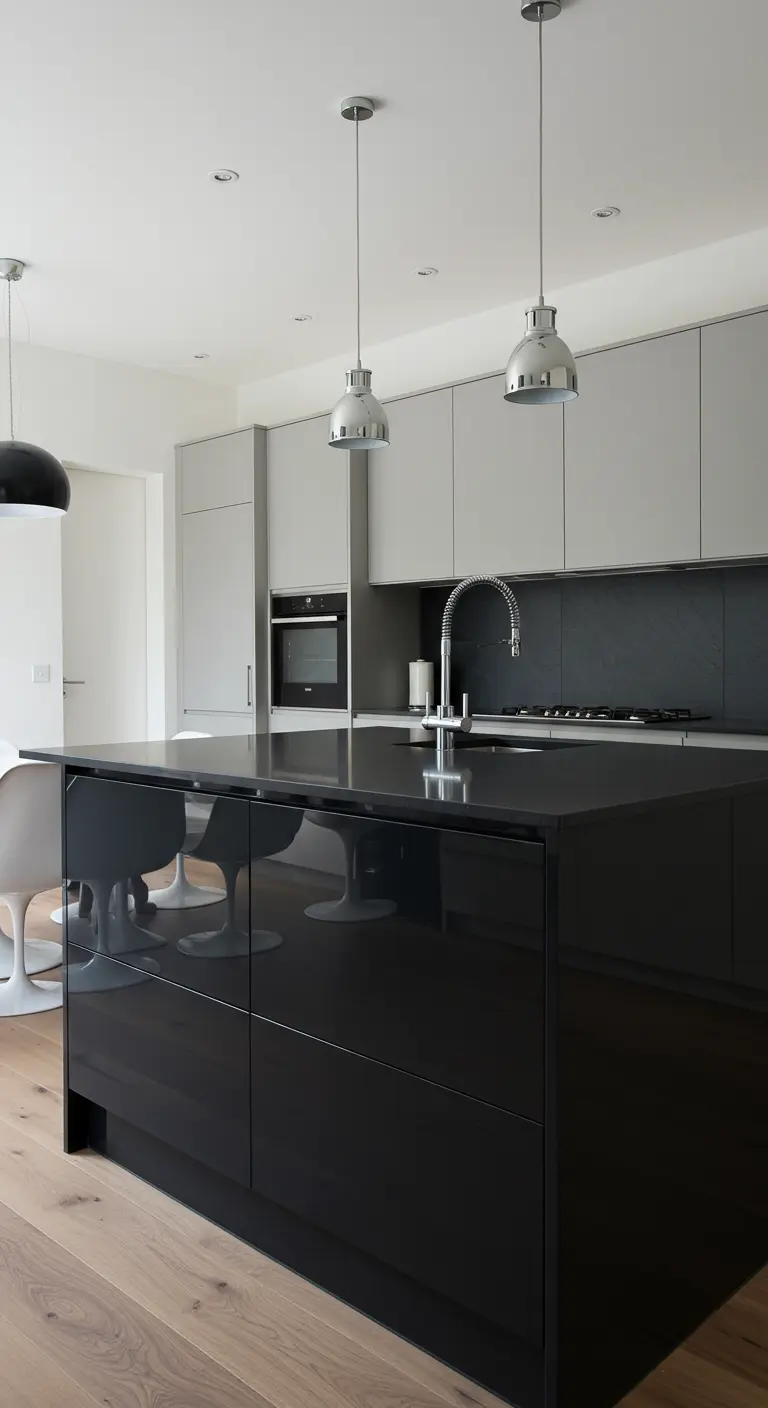 Glanzend zwarte onderkasten en matgrijze bovenkasten in moderne keuken.