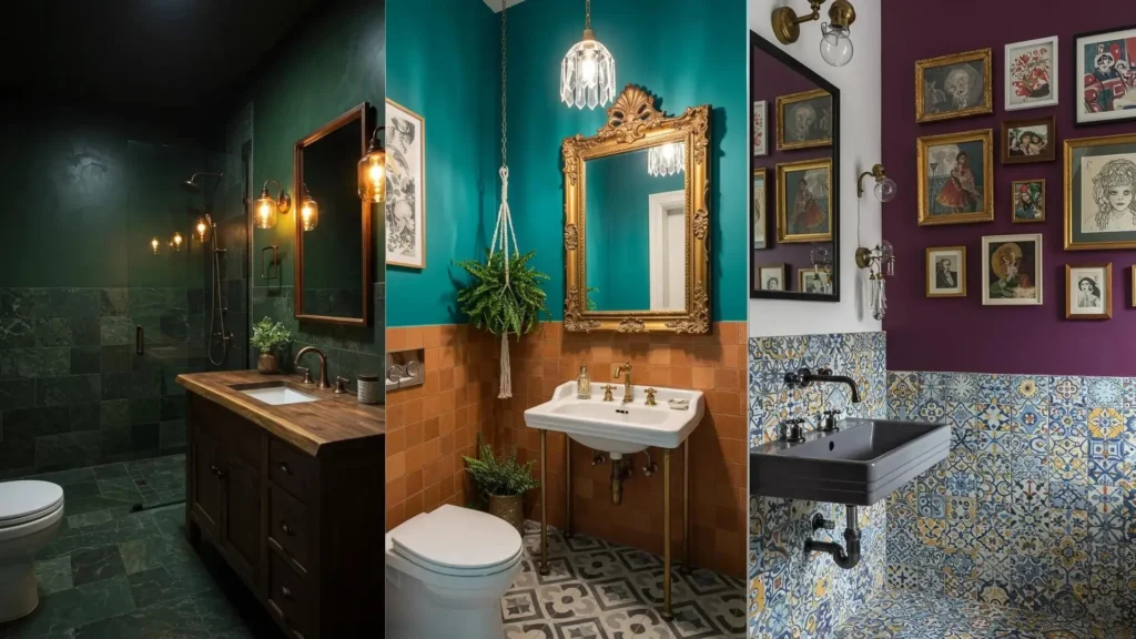 Drie unieke badkamers met contrasterende kleuren boven diverse tegels, elk met een eigen karakter.