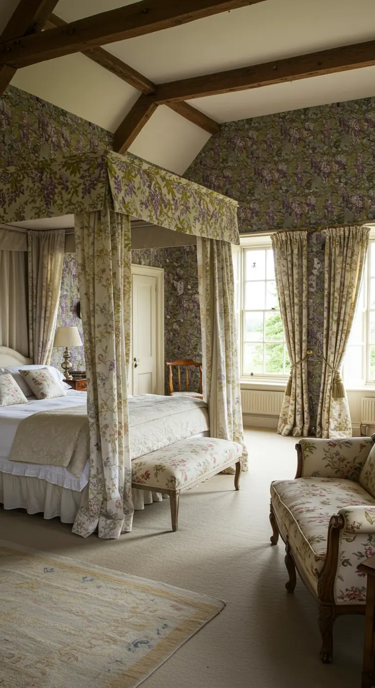 Grote slaapkamer met bloemenbehang en bijpassende gordijnen, hemelbed en chaise longue.