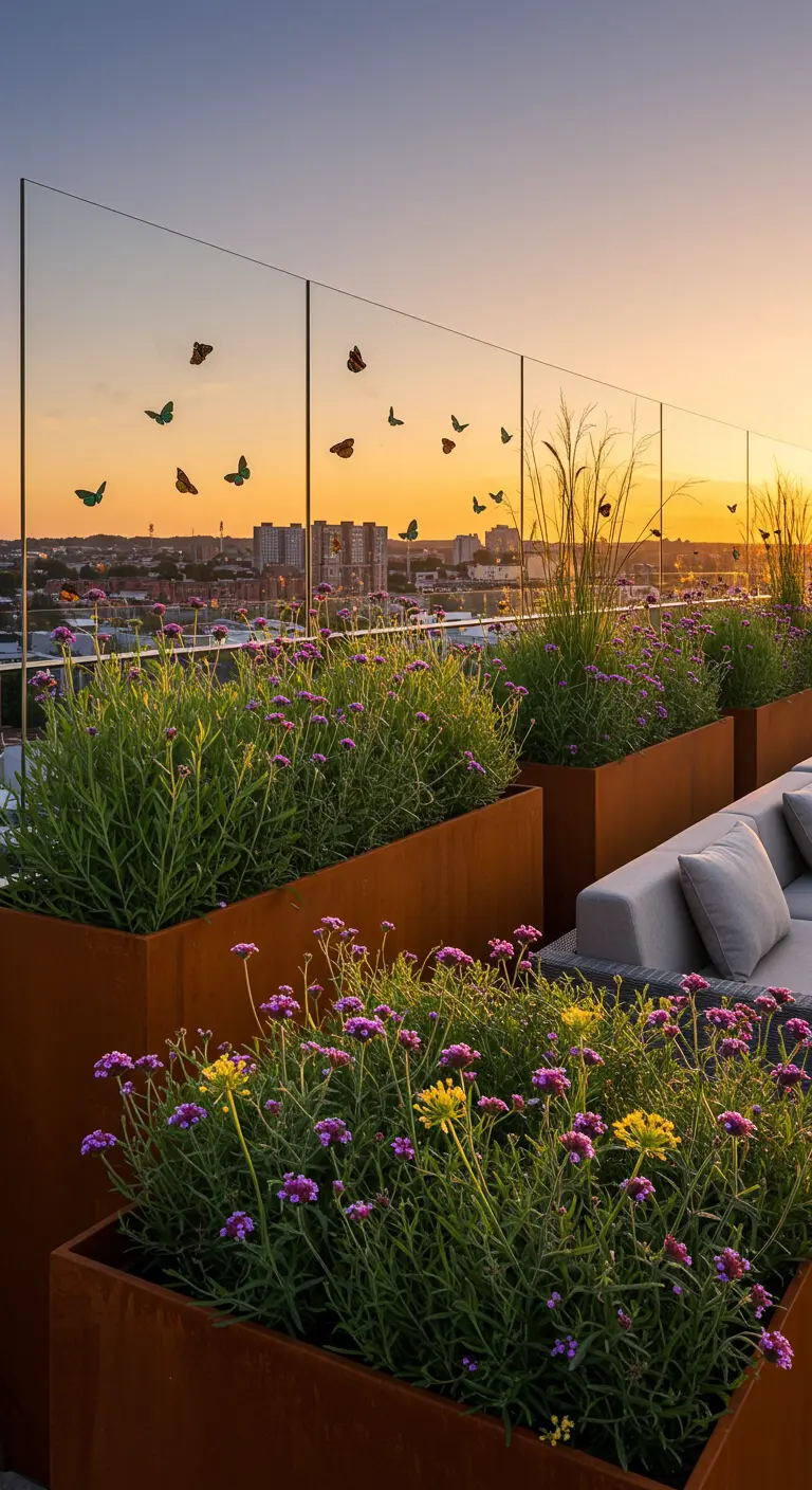 Modern dakterras met cortenstaal plantenbakken vol met hoge paarse Verbena bij zonsondergang.