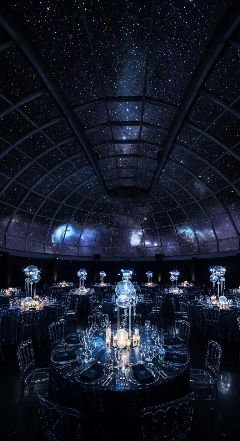 Gala dinerzaal met sterrenplafond, blauwe tafels en fonkelende lichtjes.