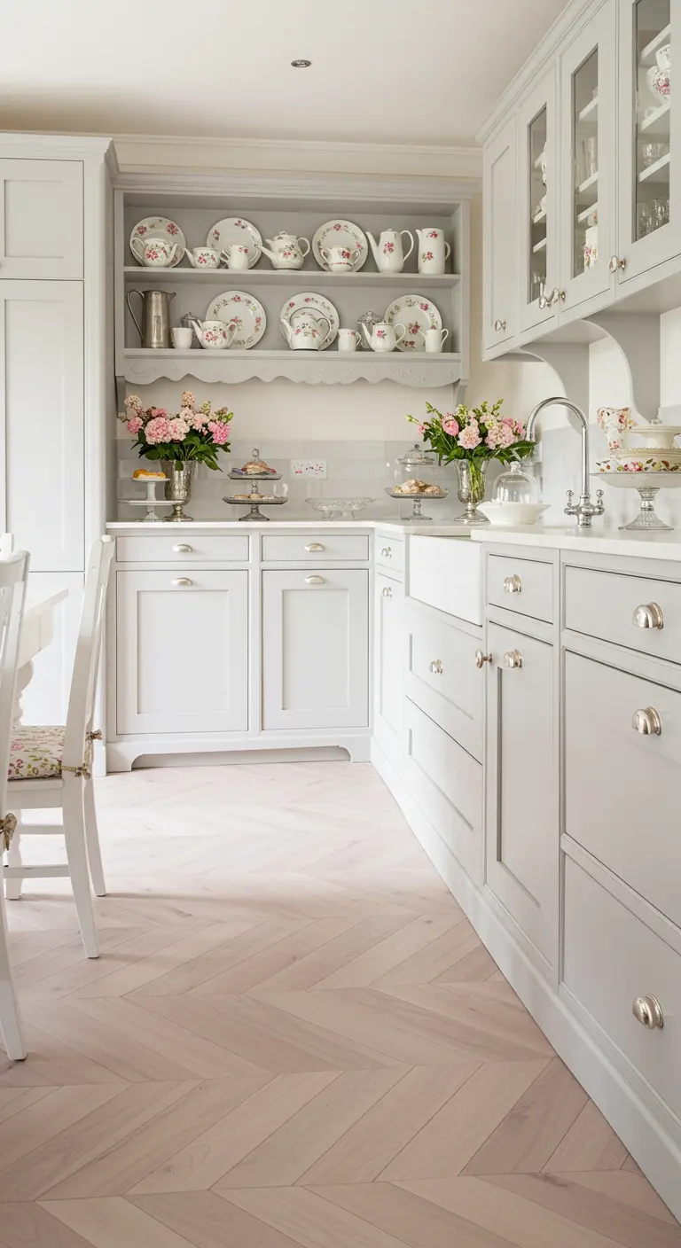 Lichte cottage-stijl keuken met grijs-witte kasten en bloemetjesservies op de planken.