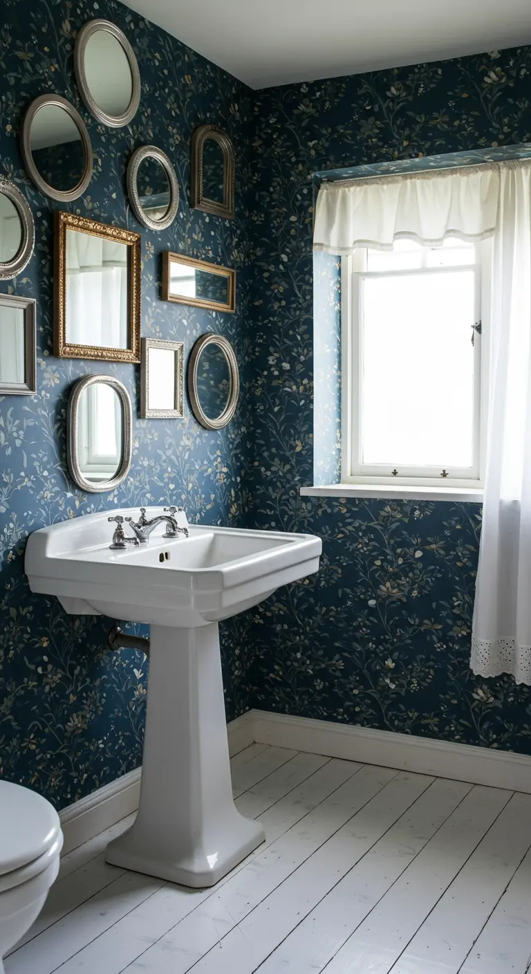Cottage-badkamer met donkerblauw bloemenbehang en een verzameling vintage spiegels aan de muur.