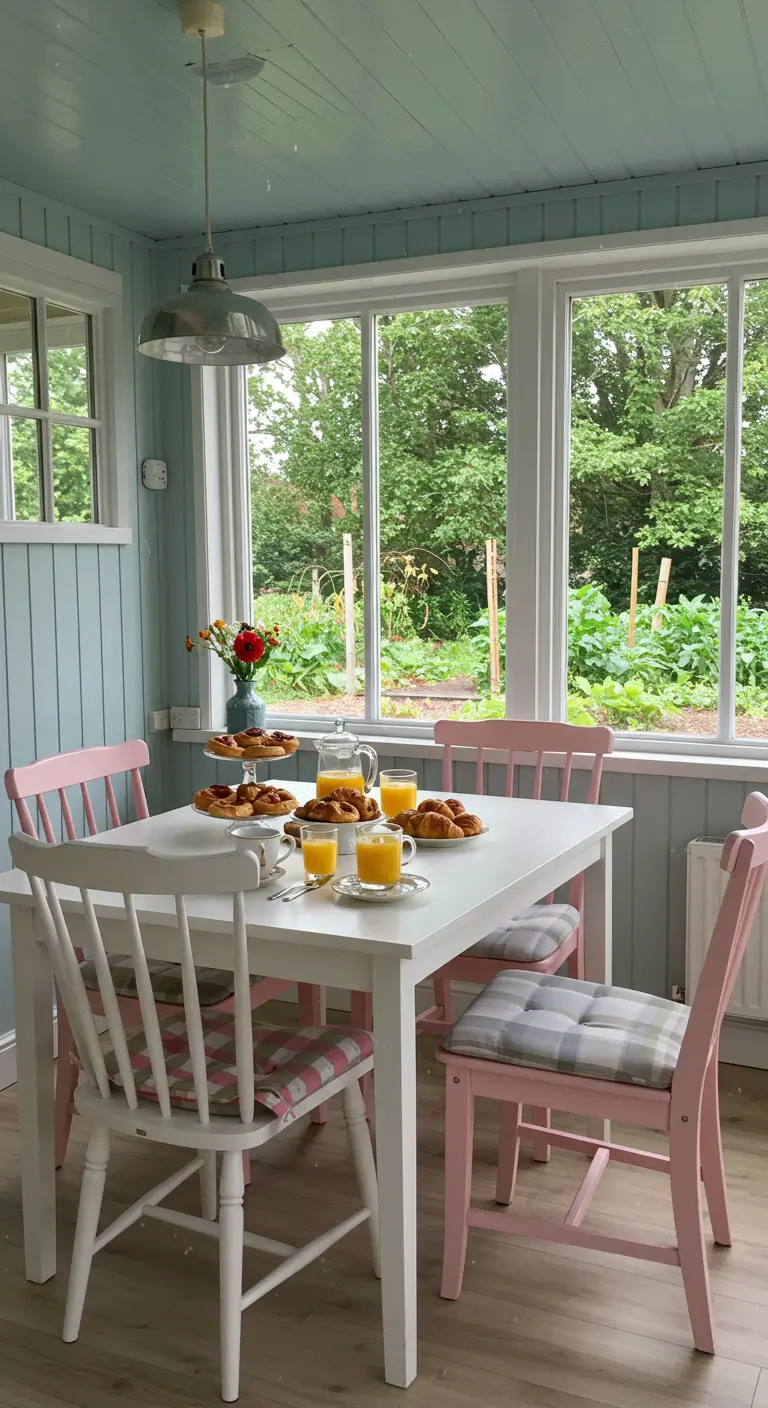 Lichte eethoek in cottage-stijl met blauwe muren, witte tafel en roze en witte stoelen.