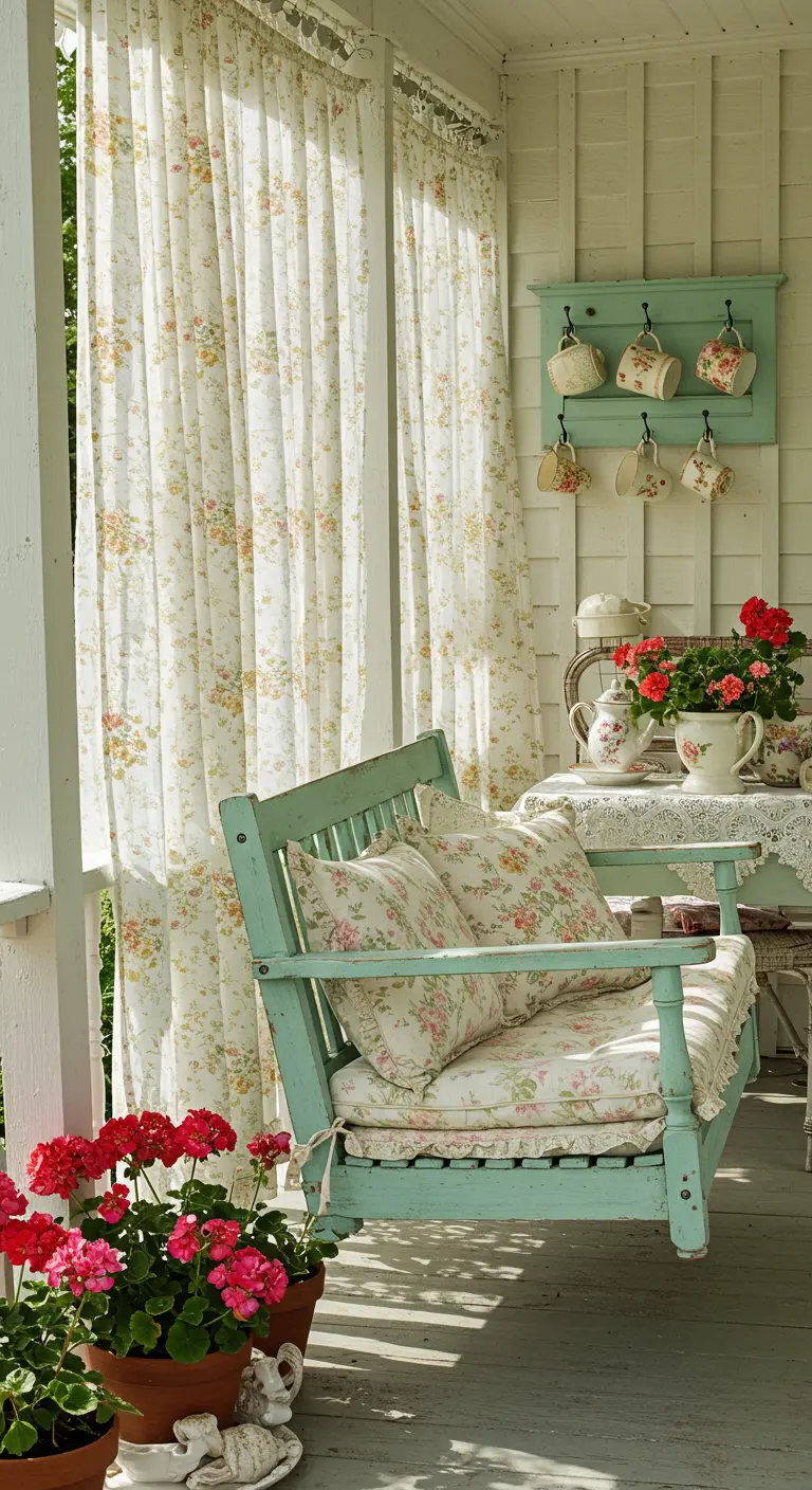 Mintgroene veranda schommel met bloemenkussens en -gordijnen in cottage stijl.