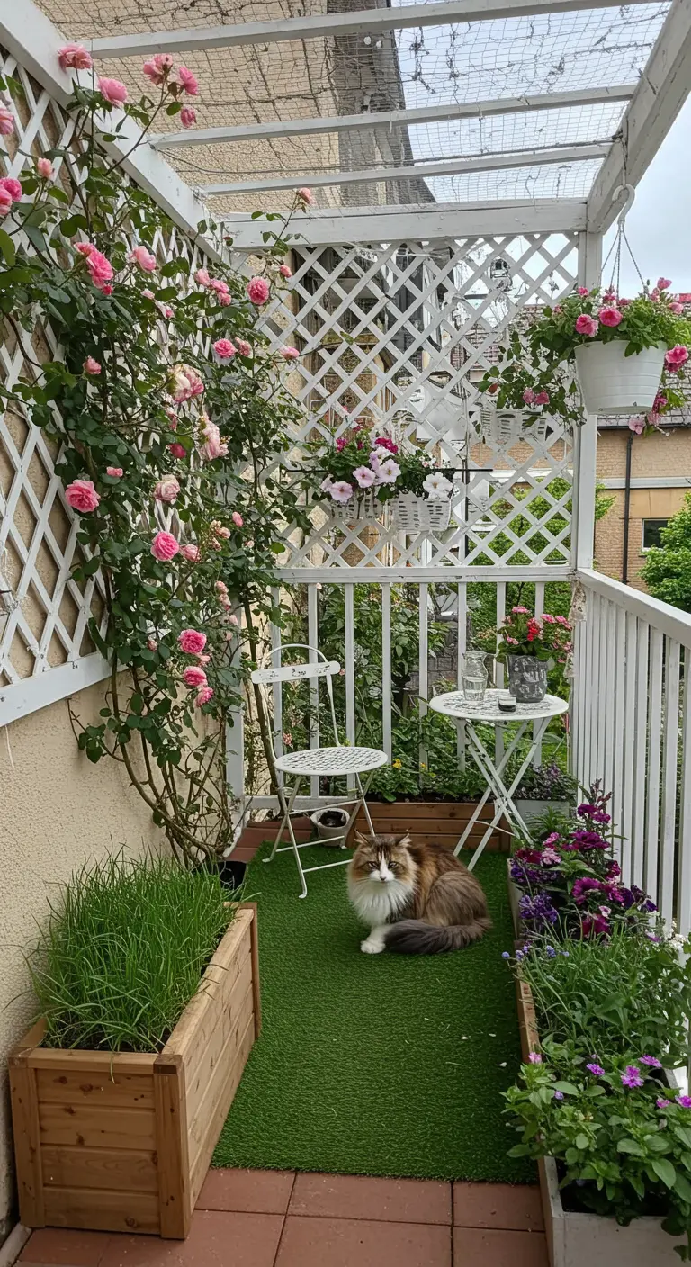 Kat op een groen kunstgrasmatje op een wit, romantisch balkon vol rozen.