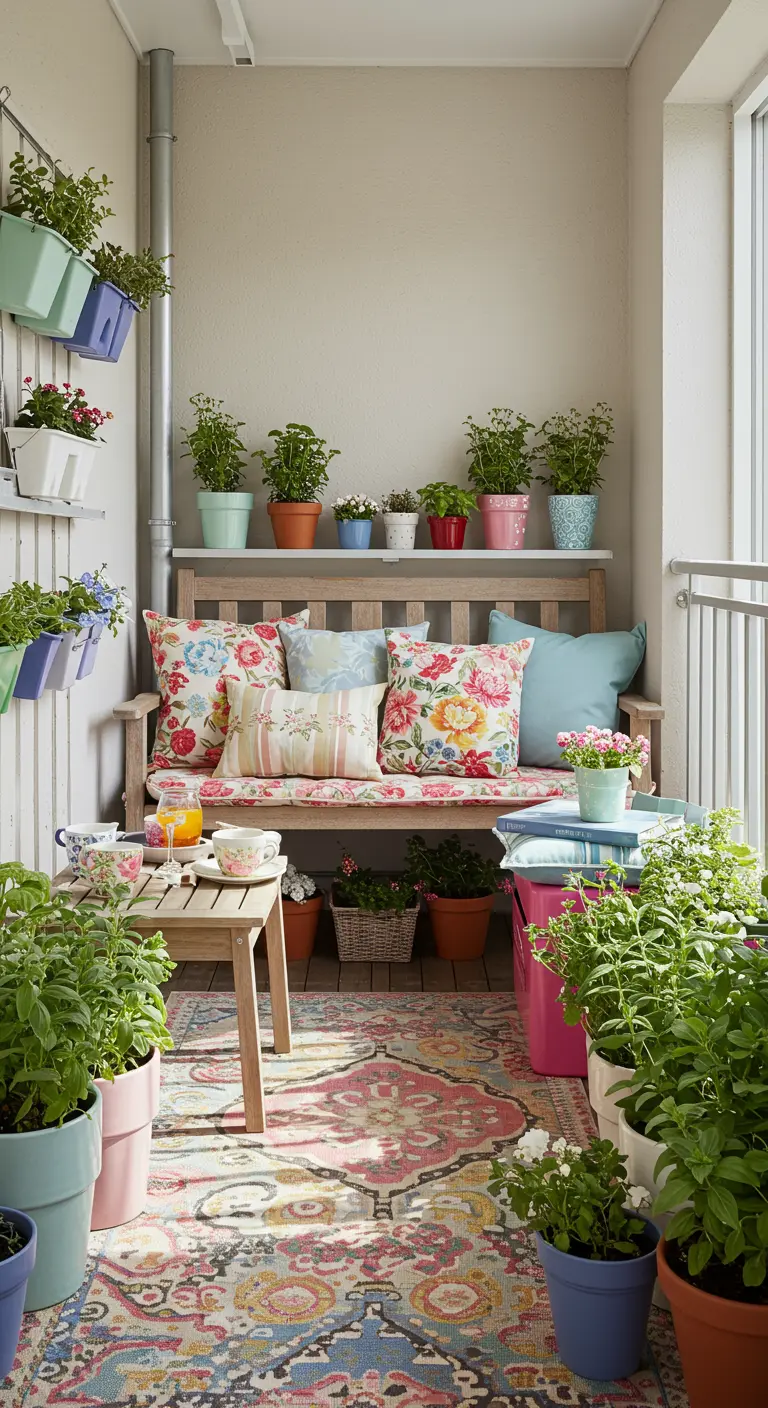 Romantisch balkon met een houten bankje, veel kussens met bloemenprint en planten in pastelpotten.