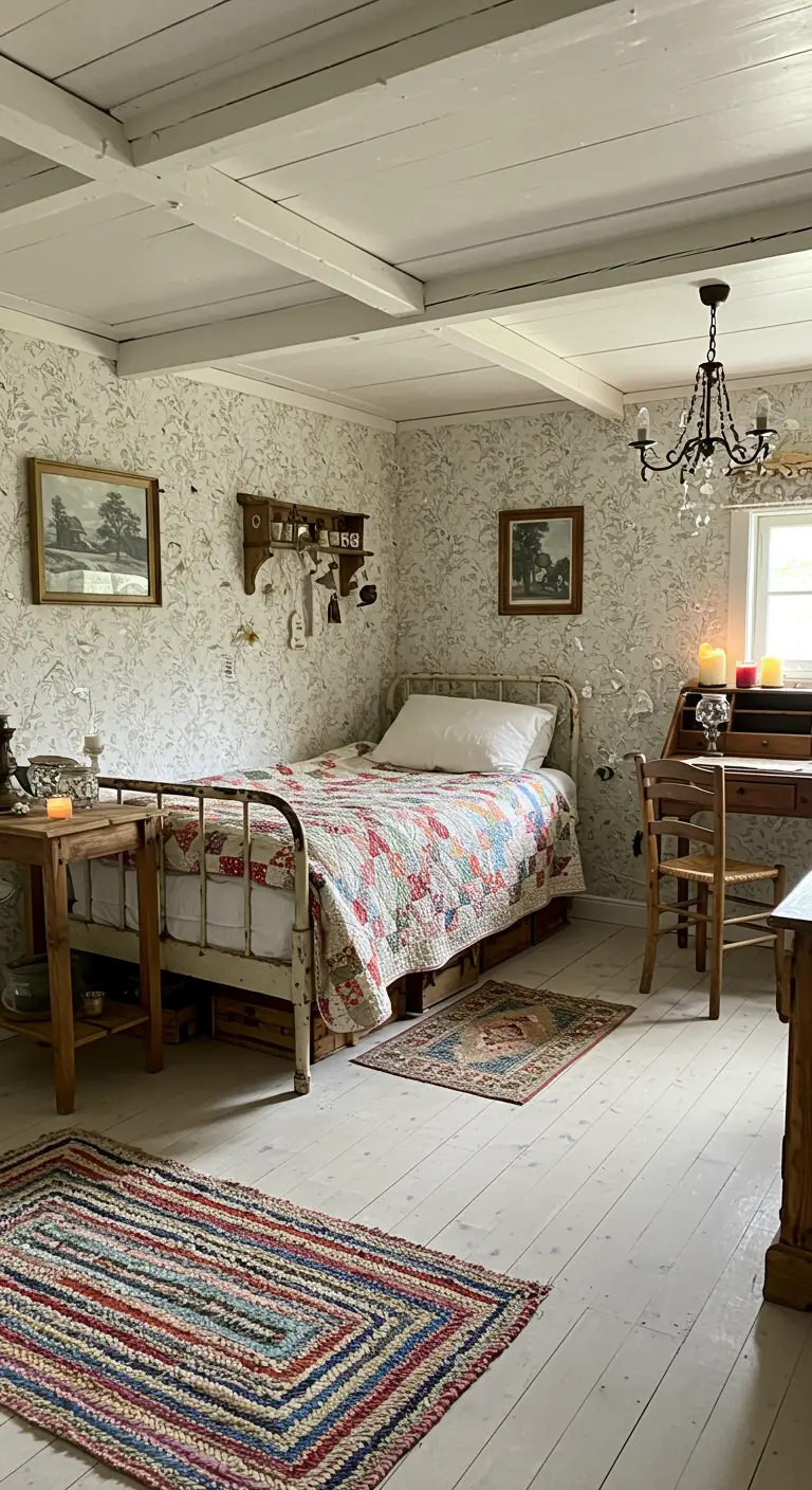 Cottagecore slaapkamer met bloemetjesbehang, een quilt op bed en een kleurrijk gestreept tapijt.