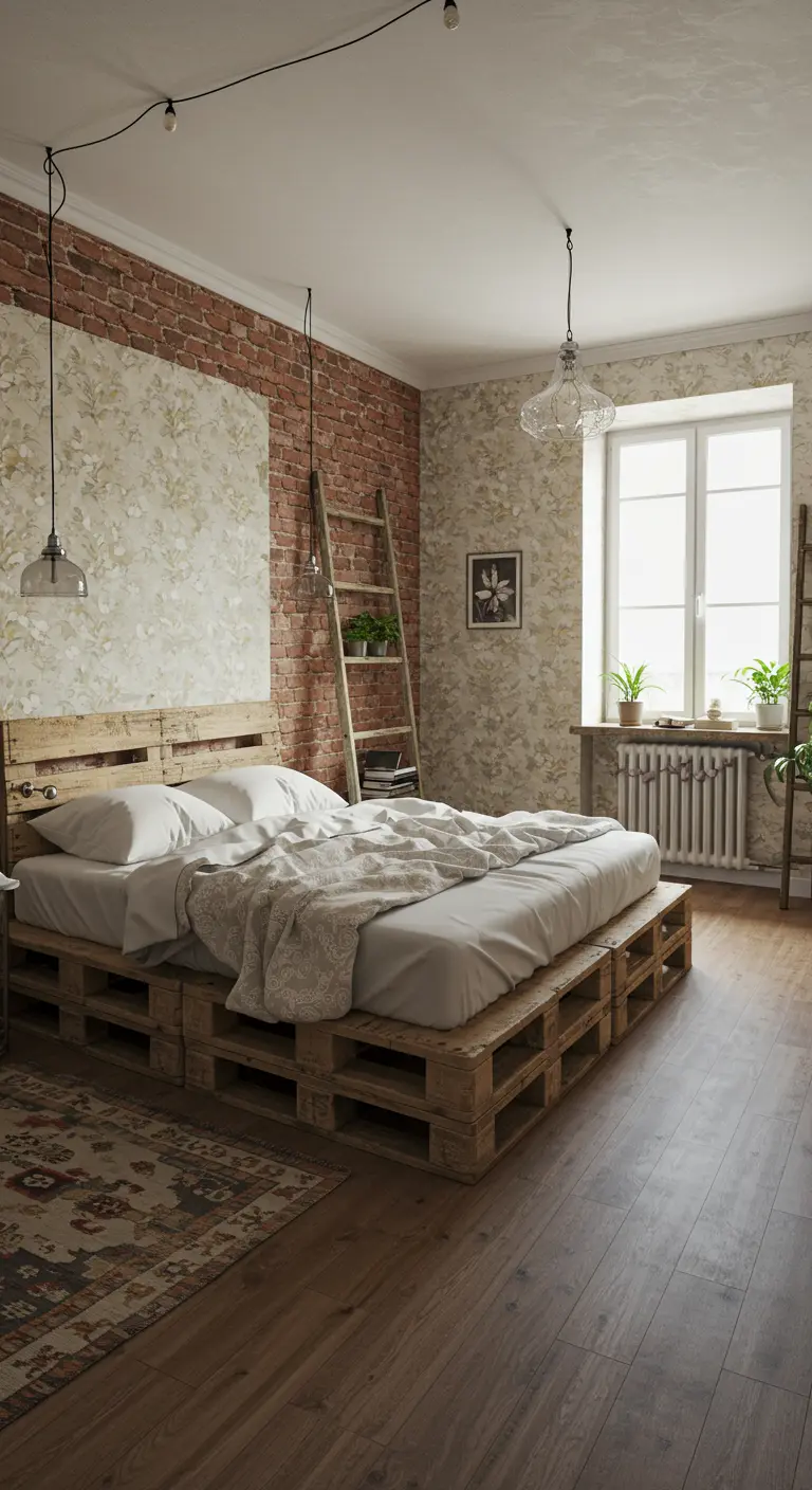 Slaapkamer met bloemenbehang, bakstenen muur, palletbed en houten ladders.