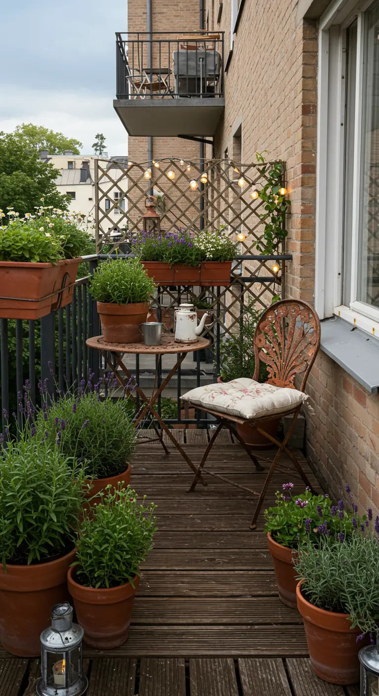 Knus balkon met vintage stoel, terracotta potten met lavendel en lichtsnoer.