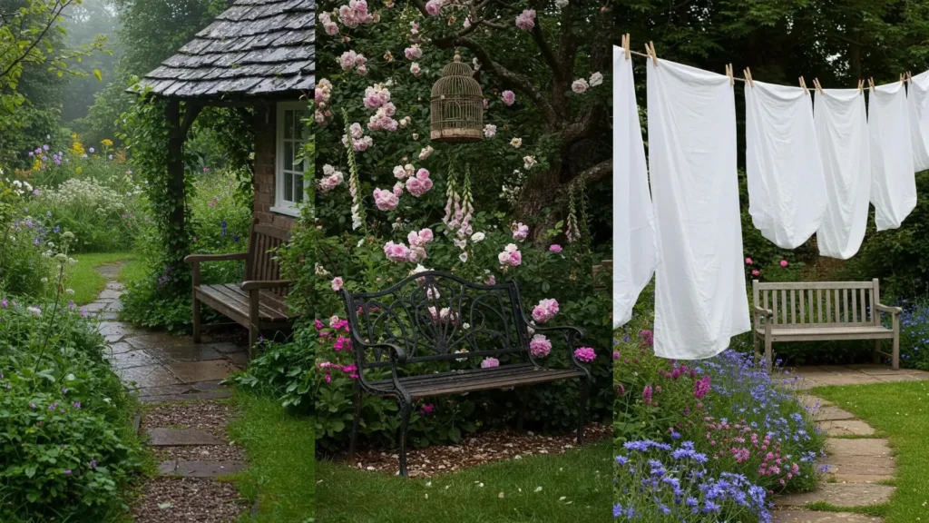 Idyllische cottagecore tuin met wilde bloemen, verweerde banken en vintage details, zoals een vogelkooi.