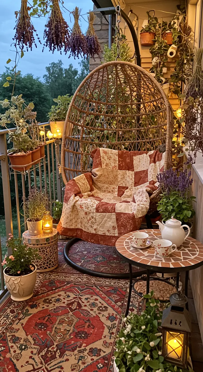 Gezellig balkon met rotan hangstoel, quilt, Perzisch kleed en sfeerverlichting.