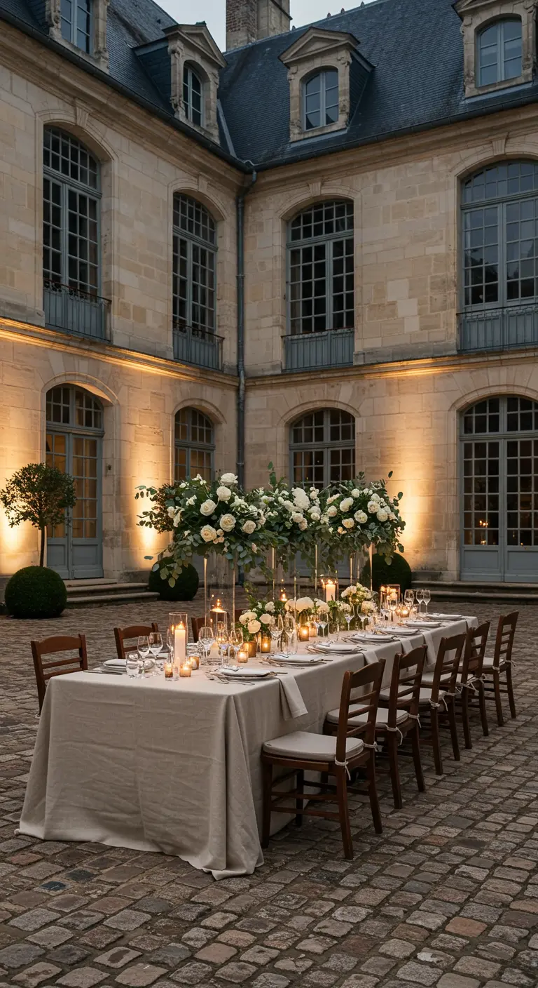 Lange dinertafel op een klassieke Franse binnenplaats met hoge witte bloemstukken.