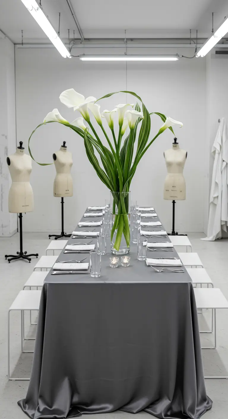 Lange grijze tafel met een groot boeket calla's in een minimalistische witte ruimte.