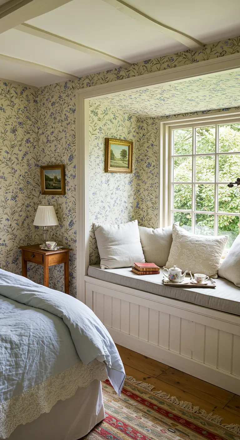Slaapkamer met bloemenbehang en ingebouwde vensterbankbank met zachte kussens.