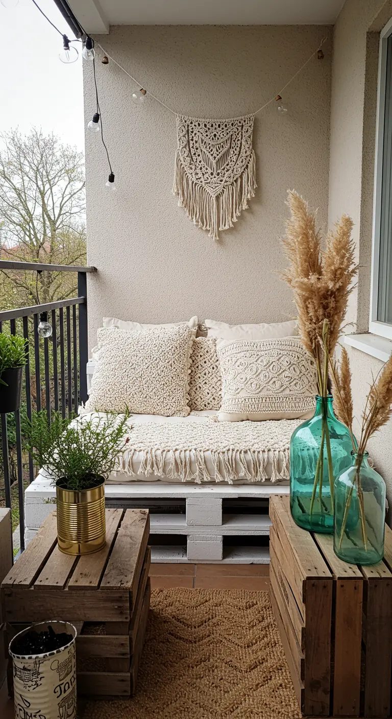 DIY balkon met een bank van pallets, tafels van kistjes en turquoise vazen.