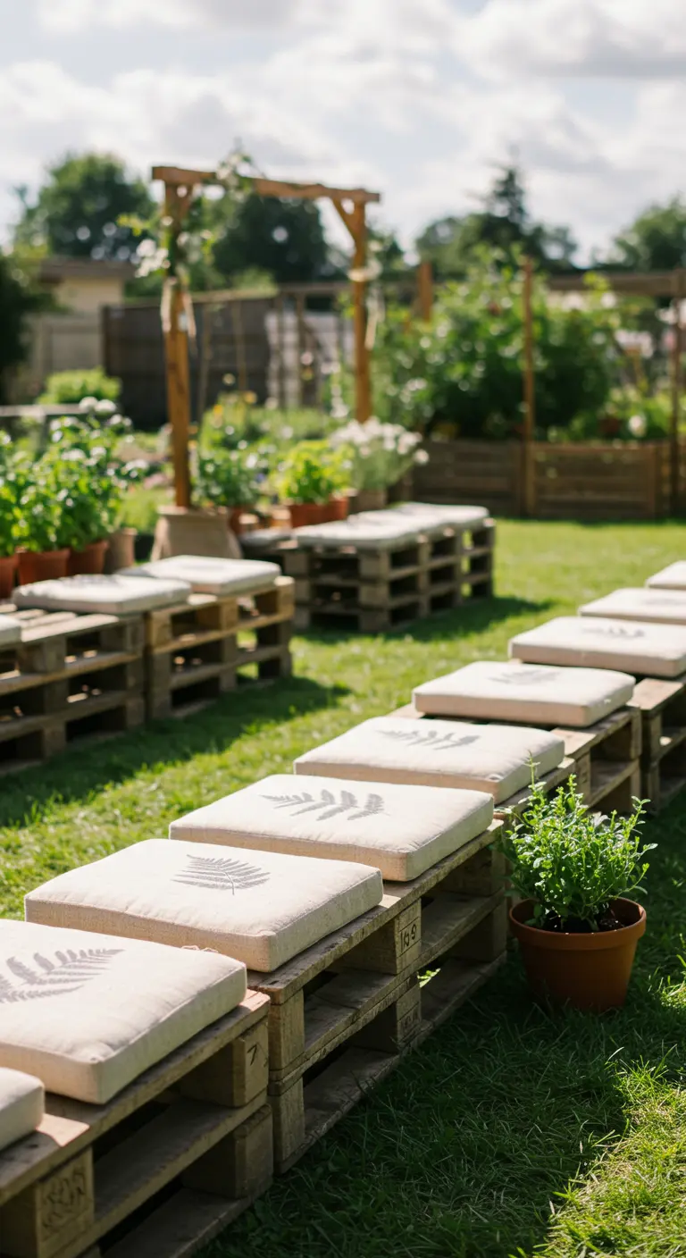 DIY-bruiloftszitjes gemaakt van houten pallets met kussens met een varenblad erop.