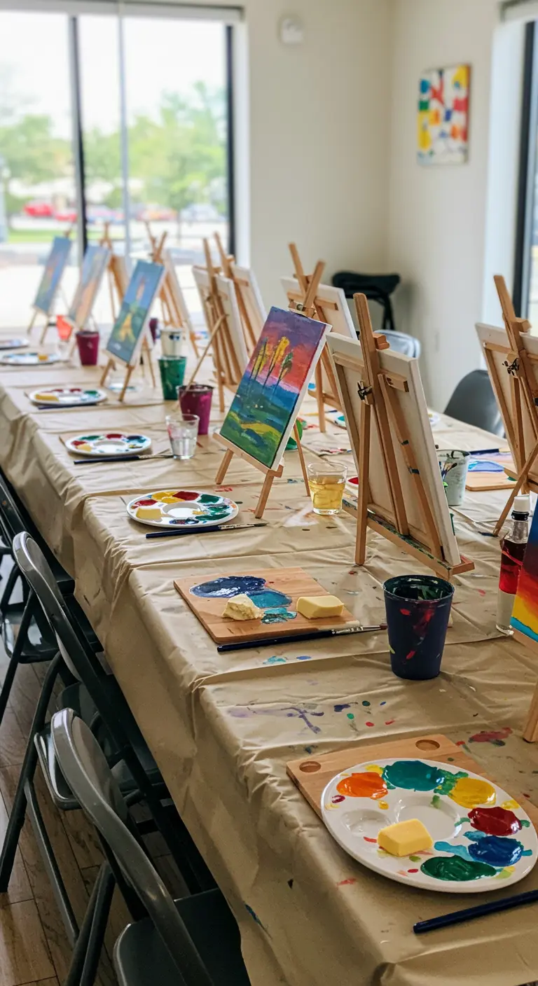 Schildersatelier met lange tafel, easels, verfpaletten en drankjes voor een creatieve workshop.