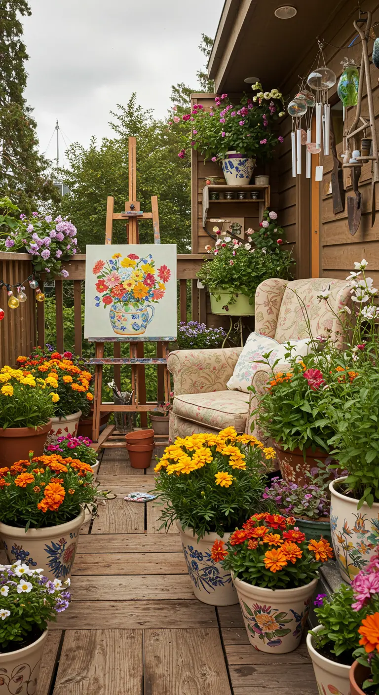 Houten balkon met schilderezel, bloemenschilderij, bloemige fauteuil en veel potplanten.