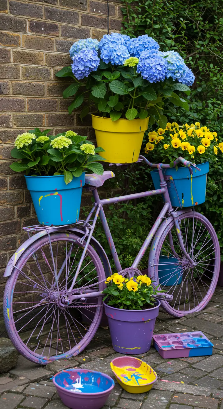 Lila geverfde fiets met verfspetters en felgekleurde potten met bloemen, met verfspullen ernaast.