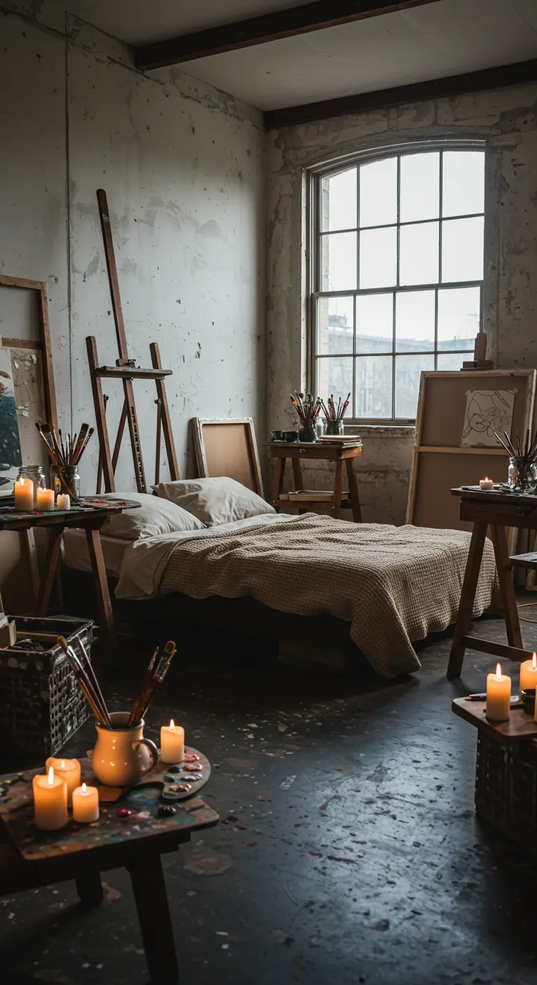 Artistieke slaapkamer studio met schildersezels, verfbenodigdheden en veel kaarsen.