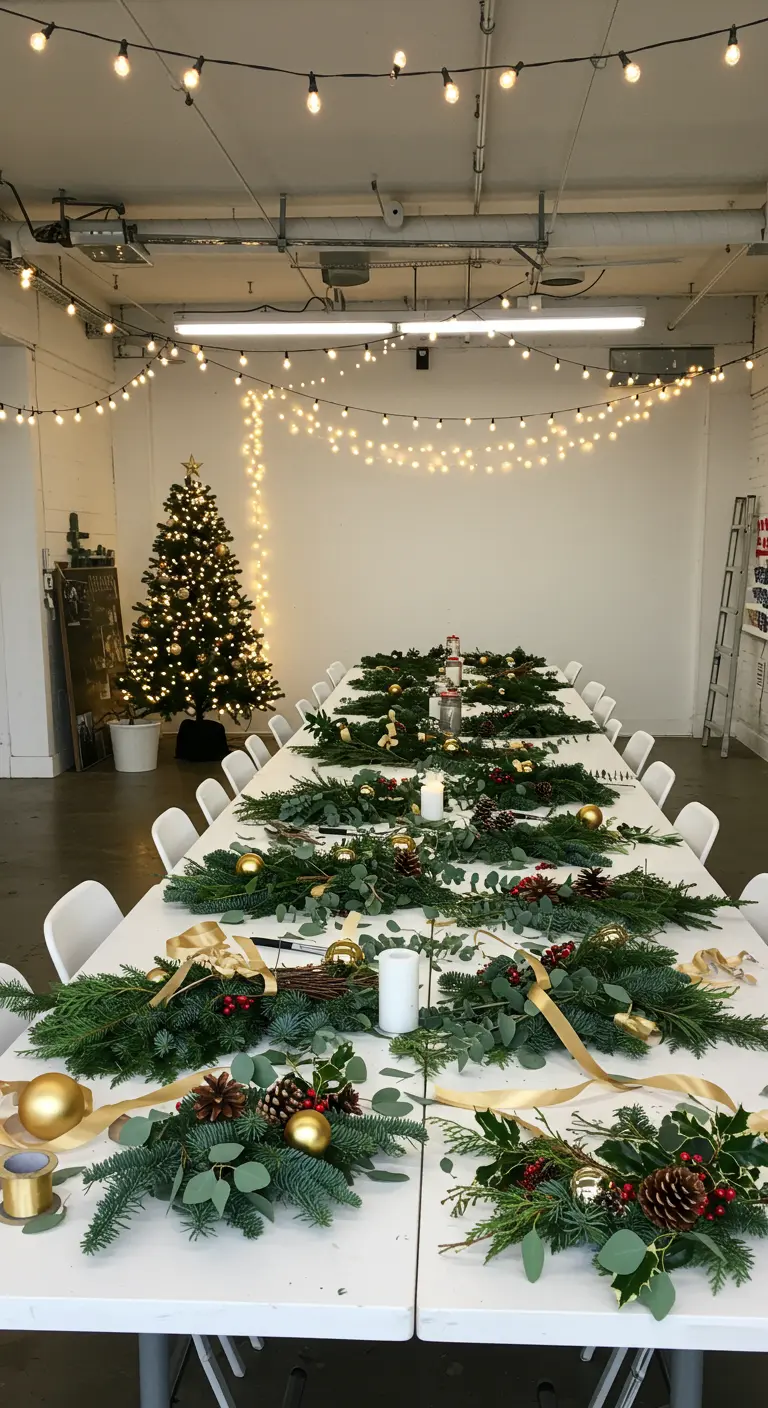 Lange witte tafels waar materialen klaarliggen om kerstkransen te maken.