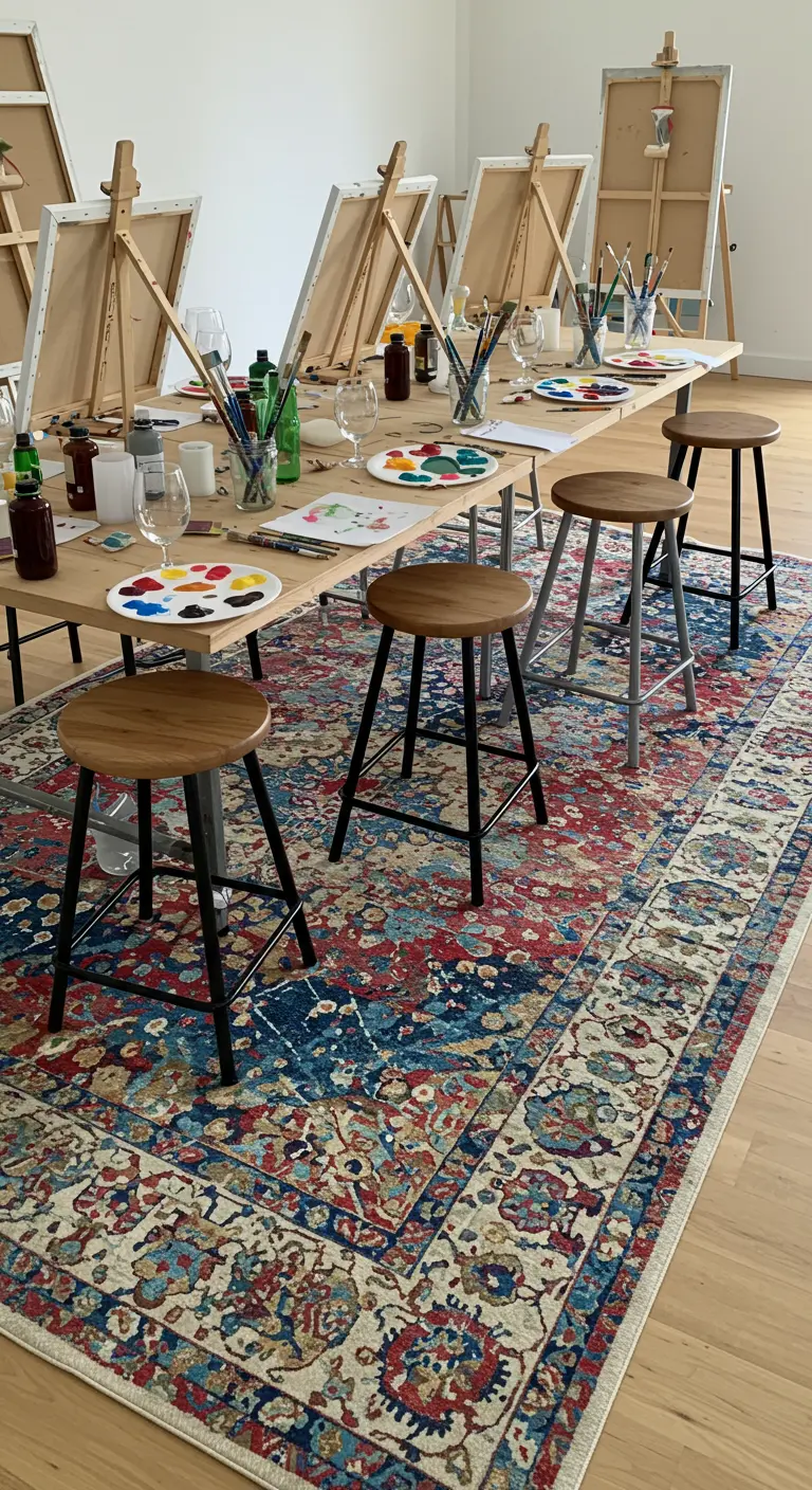Schilderworkshop met ezels en tafels op een groot, kleurrijk Perzisch tapijt.
