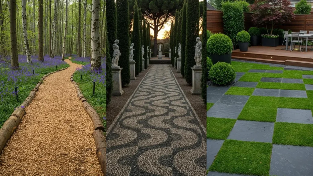 Creatieve tuinpaden: mozaïek, grind en moderne tegelontwerpen voor een decoratief middelpunt.