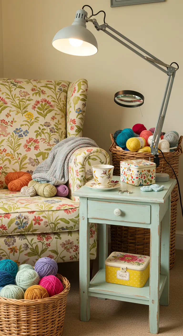 Hobbyhoek met een fauteuil met bloemenprint en manden vol kleurrijke bollen wol.