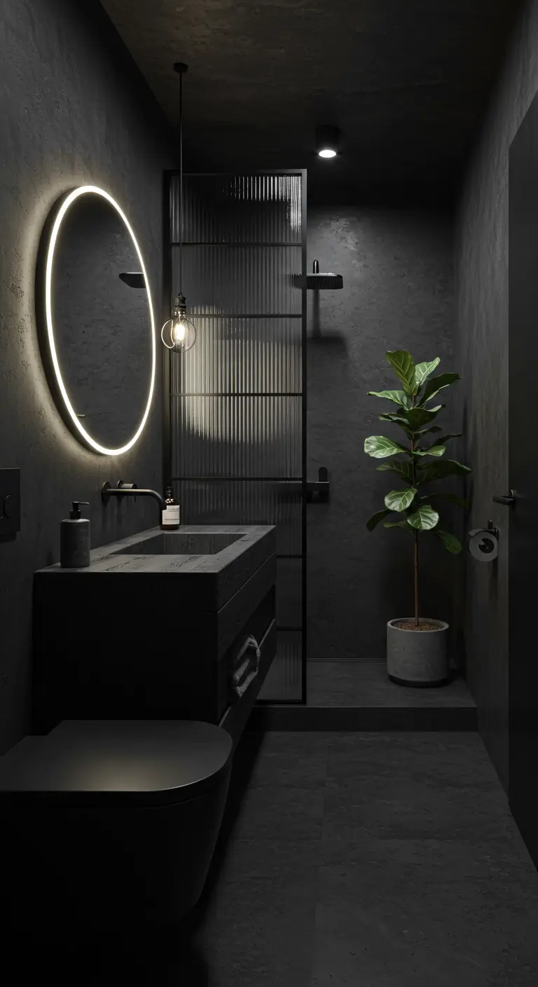 Donkere badkamer met betonstuc, een ronde spiegel met LED-verlichting en een plant.