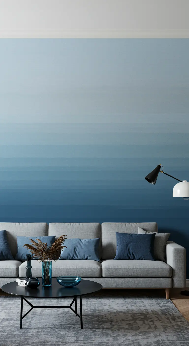 Grijze bank voor een muur met een blauw ombré-effect van donker naar licht.
