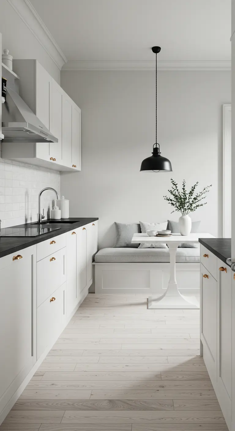 Lichte witte keuken met een ingebouwde eethoek, zwarte hanglamp en lichte houten vloer.