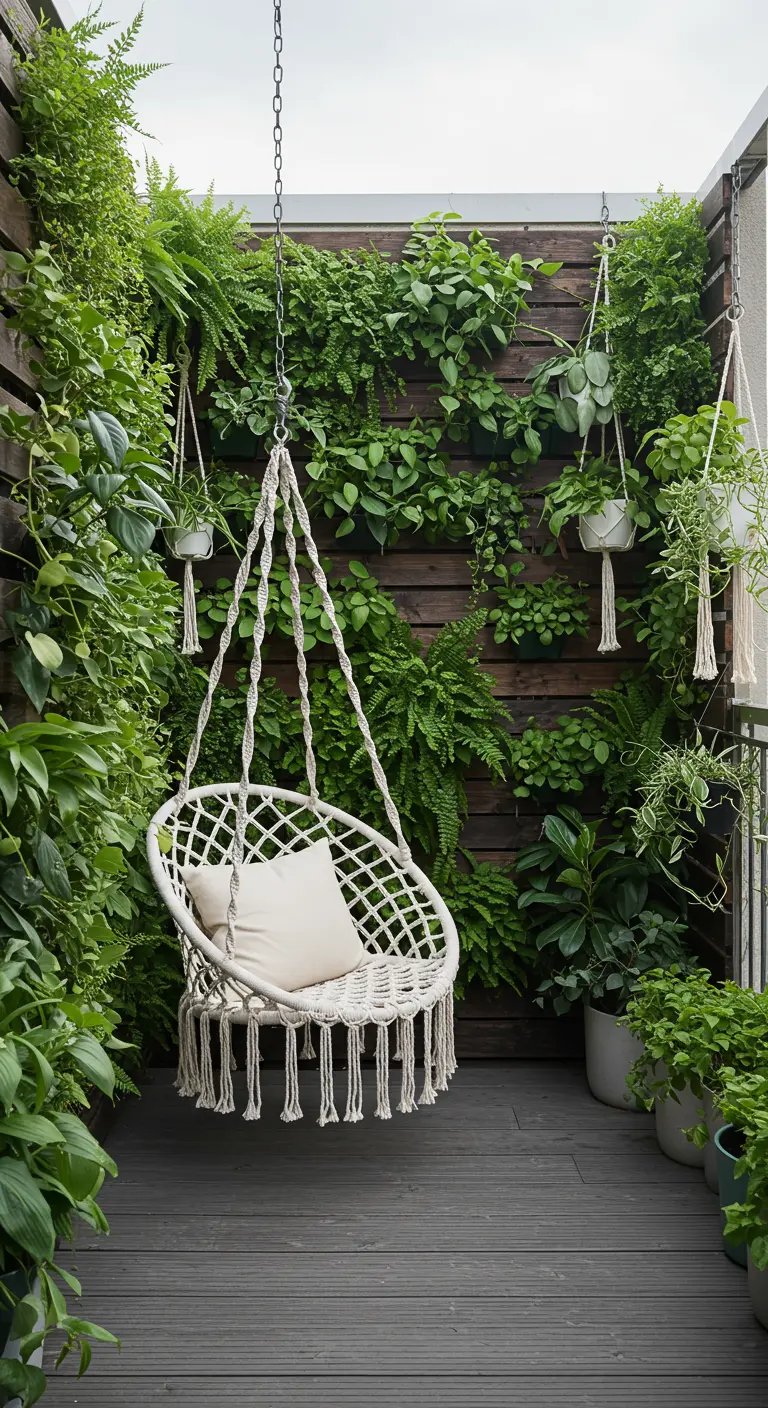 Witte macramé hangstoel voor een donkere houten wand die volledig is bedekt met groene planten en varens.