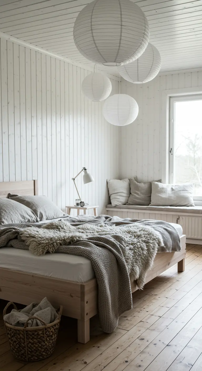 Lichte slaapkamer met een houten bed en een cluster van papieren lampionnen erboven.