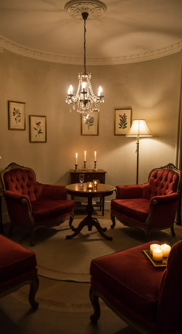 Intieme zithoek met rode fluwelen fauteuils, kleine tafel en kaarslicht