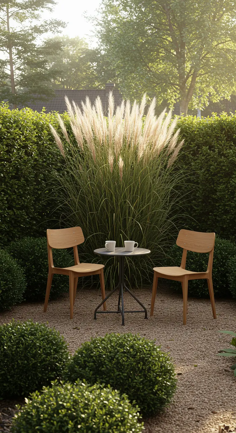 Twee houten stoelen en een tafeltje in een tuin met hoog siergras.