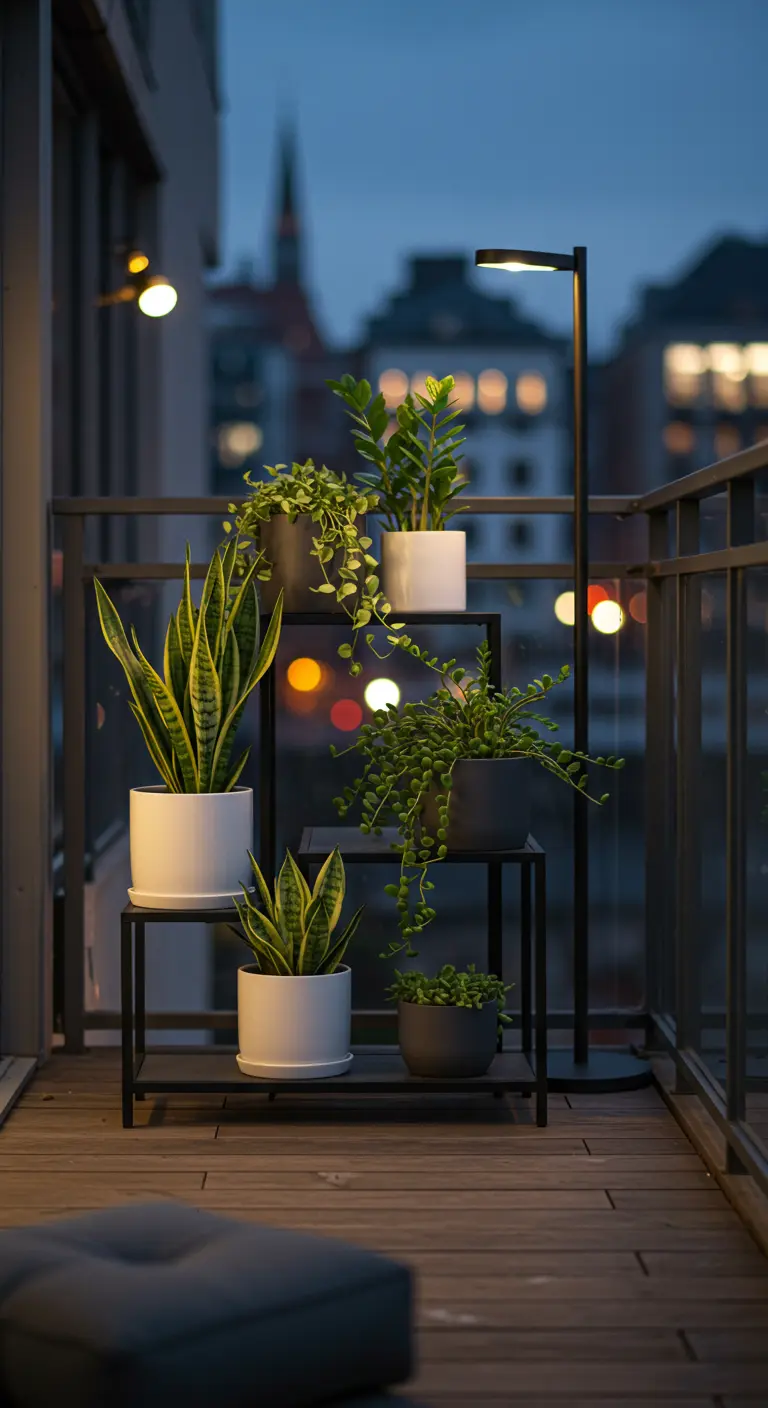 Modern stadsbalkon 's avonds met een zwart plantenrek vol uitgelichte kamerplanten.
