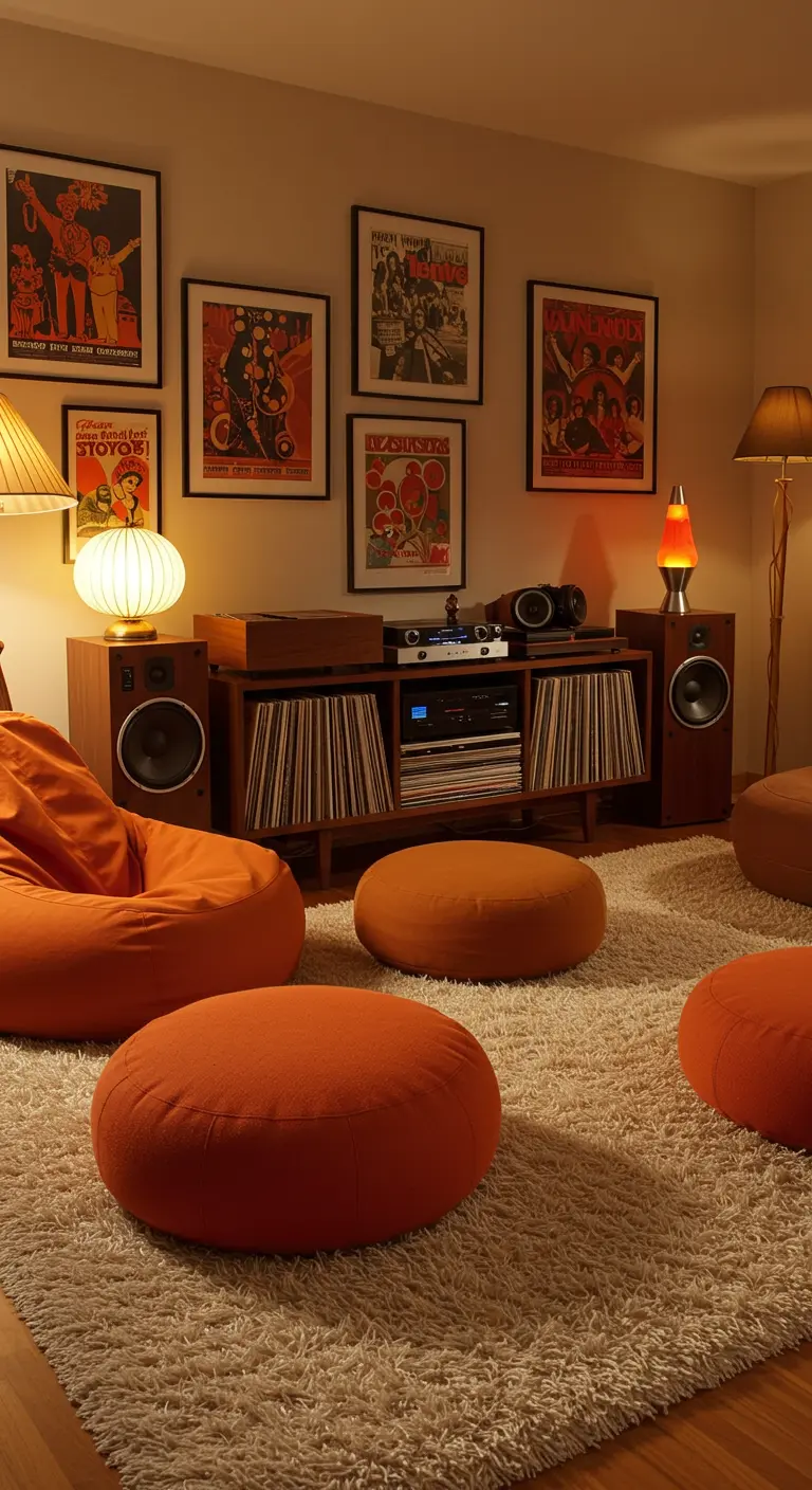 Zitzakken en poefjes in oranje op een hoogpolig vloerkleed met walnoot tv-meubel en vintage posters.