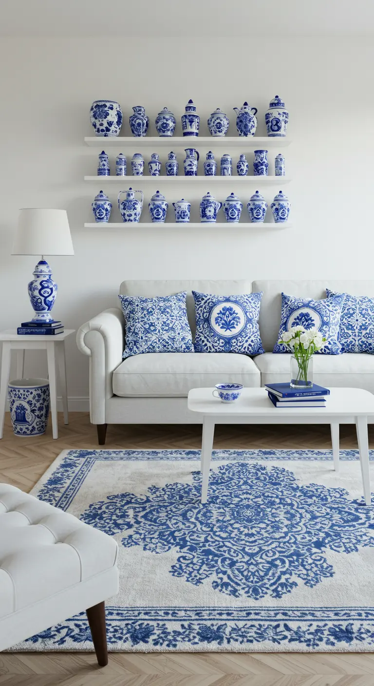 Witte woonkamer met blauw-witte Delfts blauw-stijl accessoires en textiel.