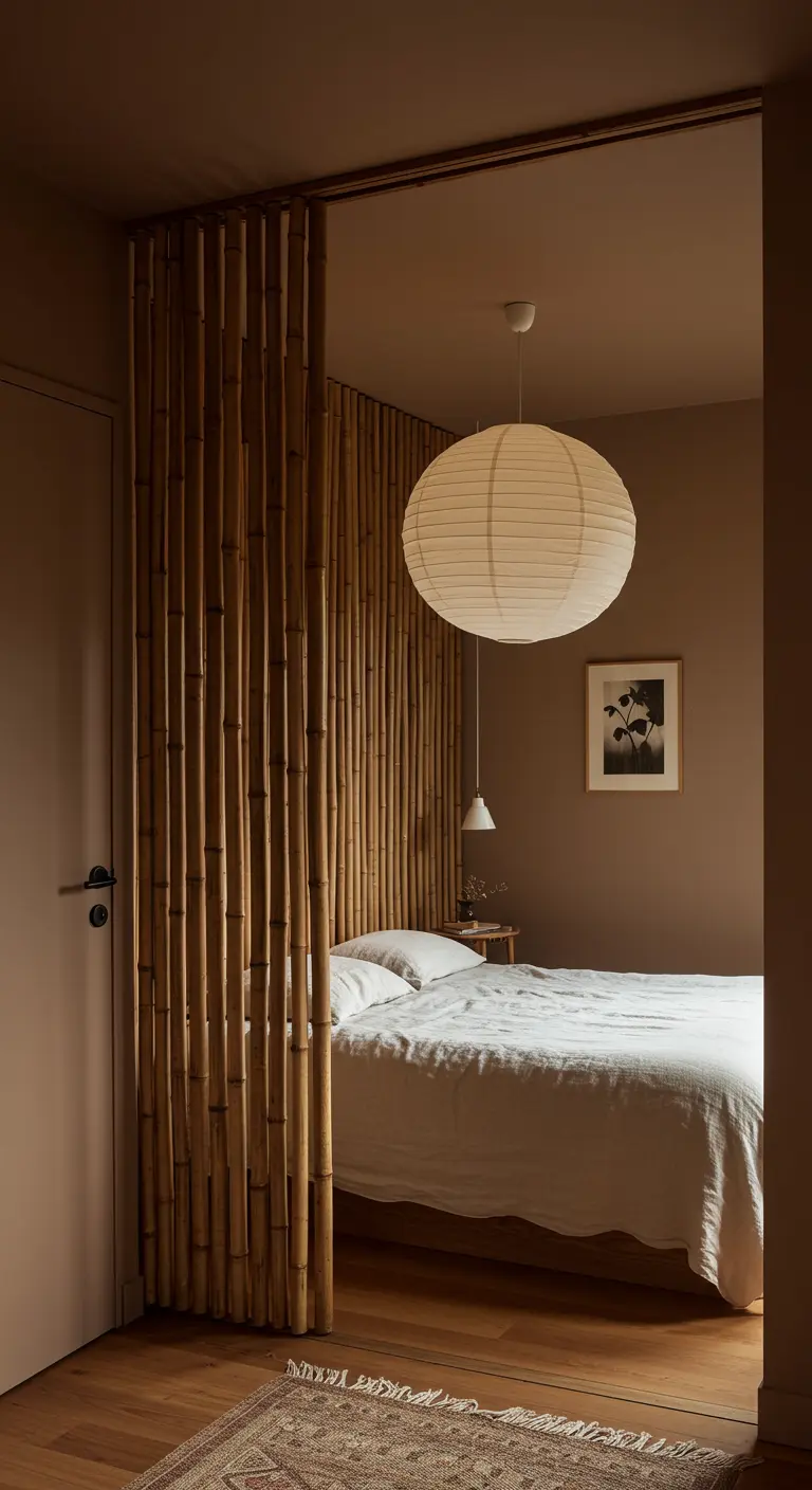 Slaapkamer met een roomdivider van verticale bamboestokken naast het bed.