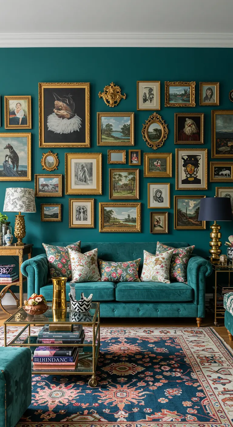 Eclectische woonkamer met turquoise muur vol klassieke schilderijen in gouden lijsten.