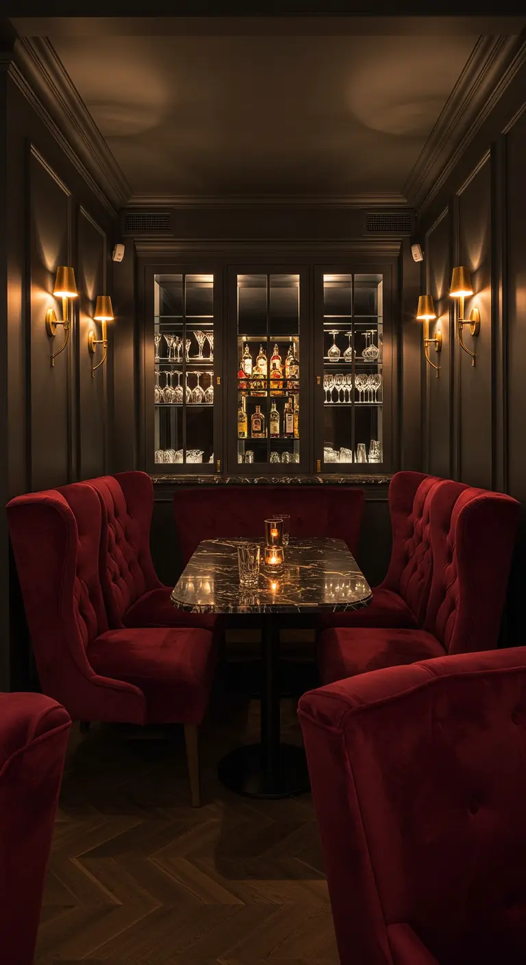 Intieme, donkere eethoek met dieprode fluwelen stoelen, een kleine marmeren tafel en zachte wandverlichting.