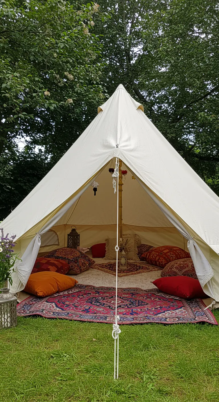 Een openstaande bell tent in het gras, ingericht met kleurrijke kleden en kussens.