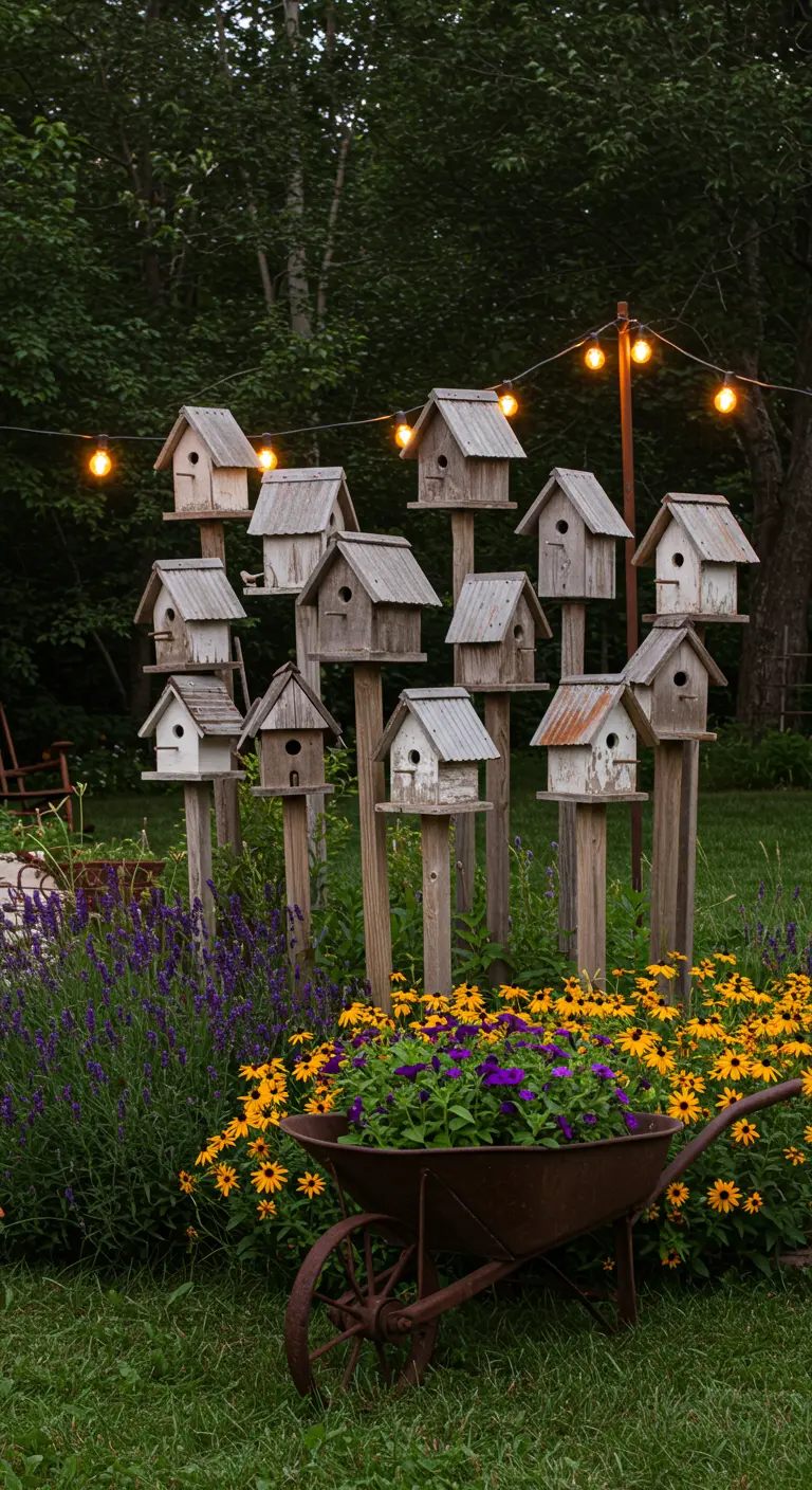 Cluster van rustieke vogelhuisjes op palen in een bloementuin met lichtslinger.