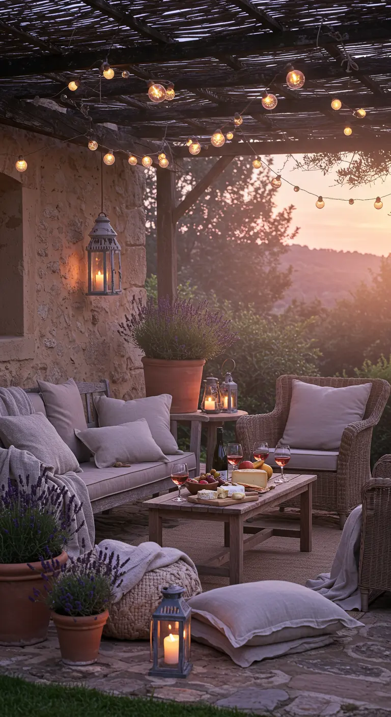 Gezellige loungehoek op een terras bij zonsondergang, met kaarsen en lavendel.