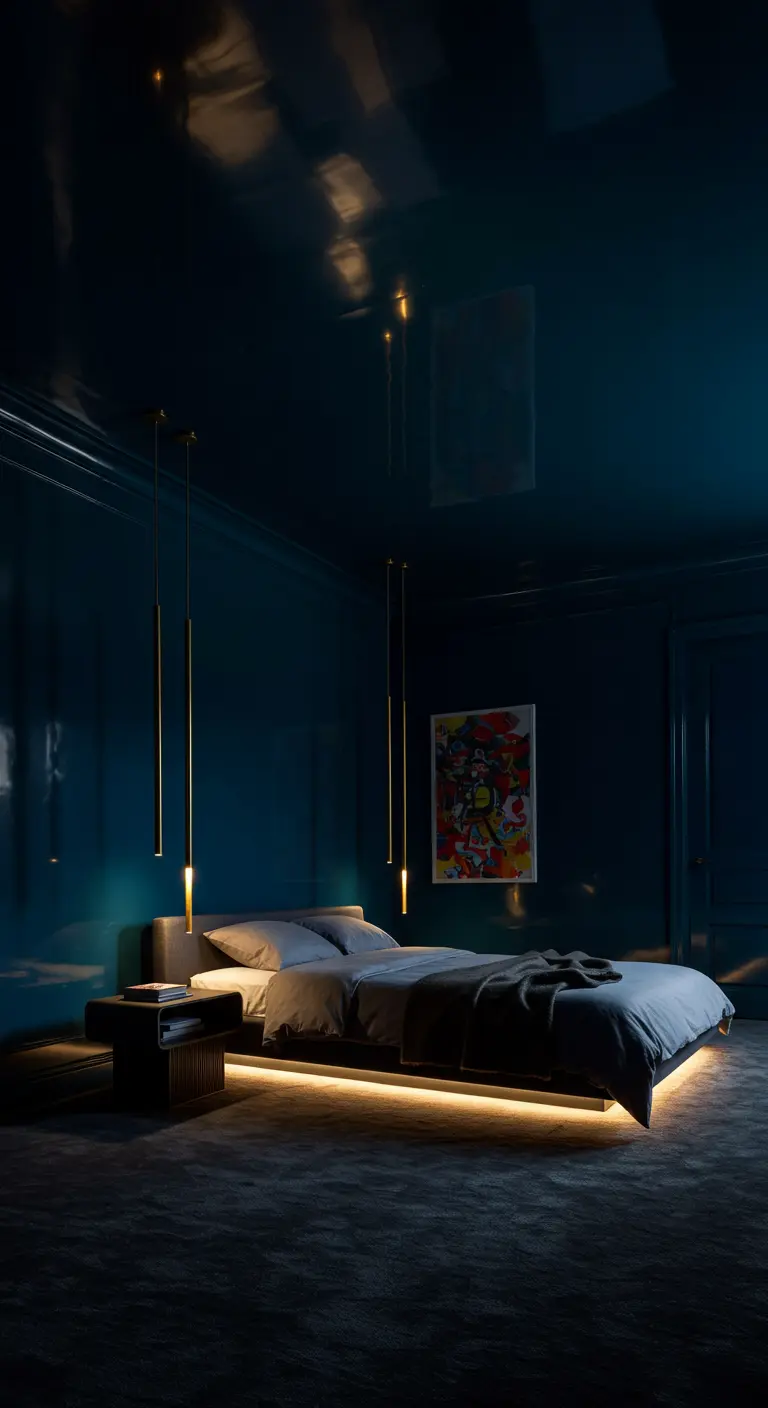 Moderne slaapkamer met een hoogglans blauw plafond en LED-verlichting onder het bed.
