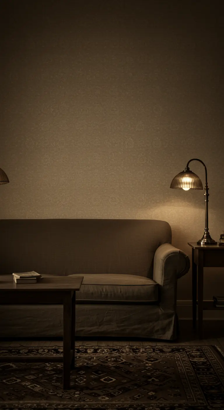 Donkere, sfeervolle woonkamer waar een enkele lamp een deel van de bank verlicht.