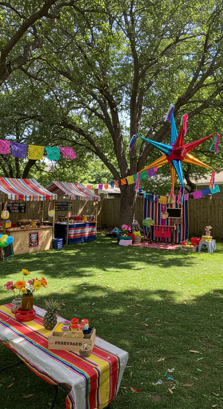 Achtertuin met verschillende marktkraampjes voor een Mexicaans themafeest.