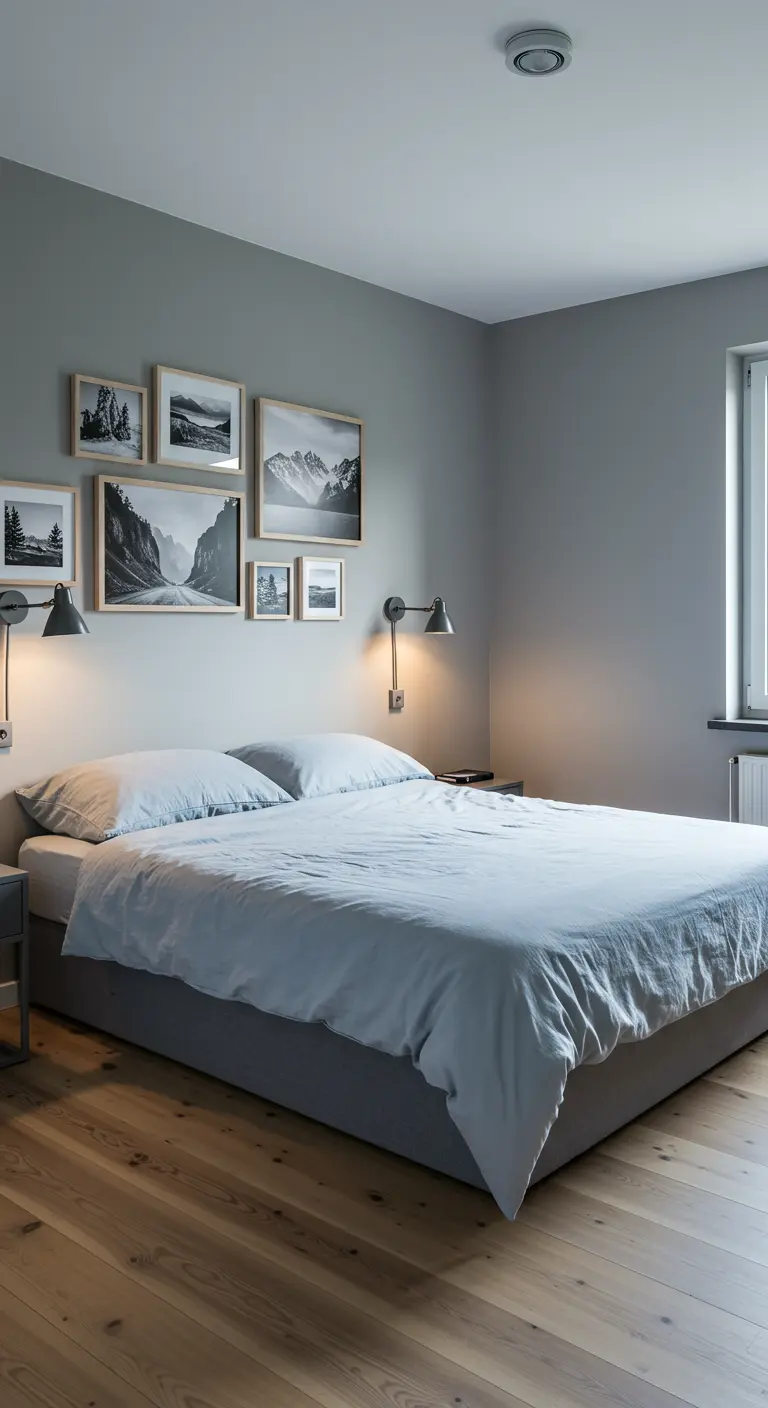 Grijze slaapkamer met een fotomuur van natuurlandschappen boven het bed.