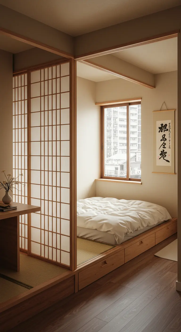 Compacte slaapkamer met een verhoogd bed in een houten nis, afgesloten door een shoji-deur.